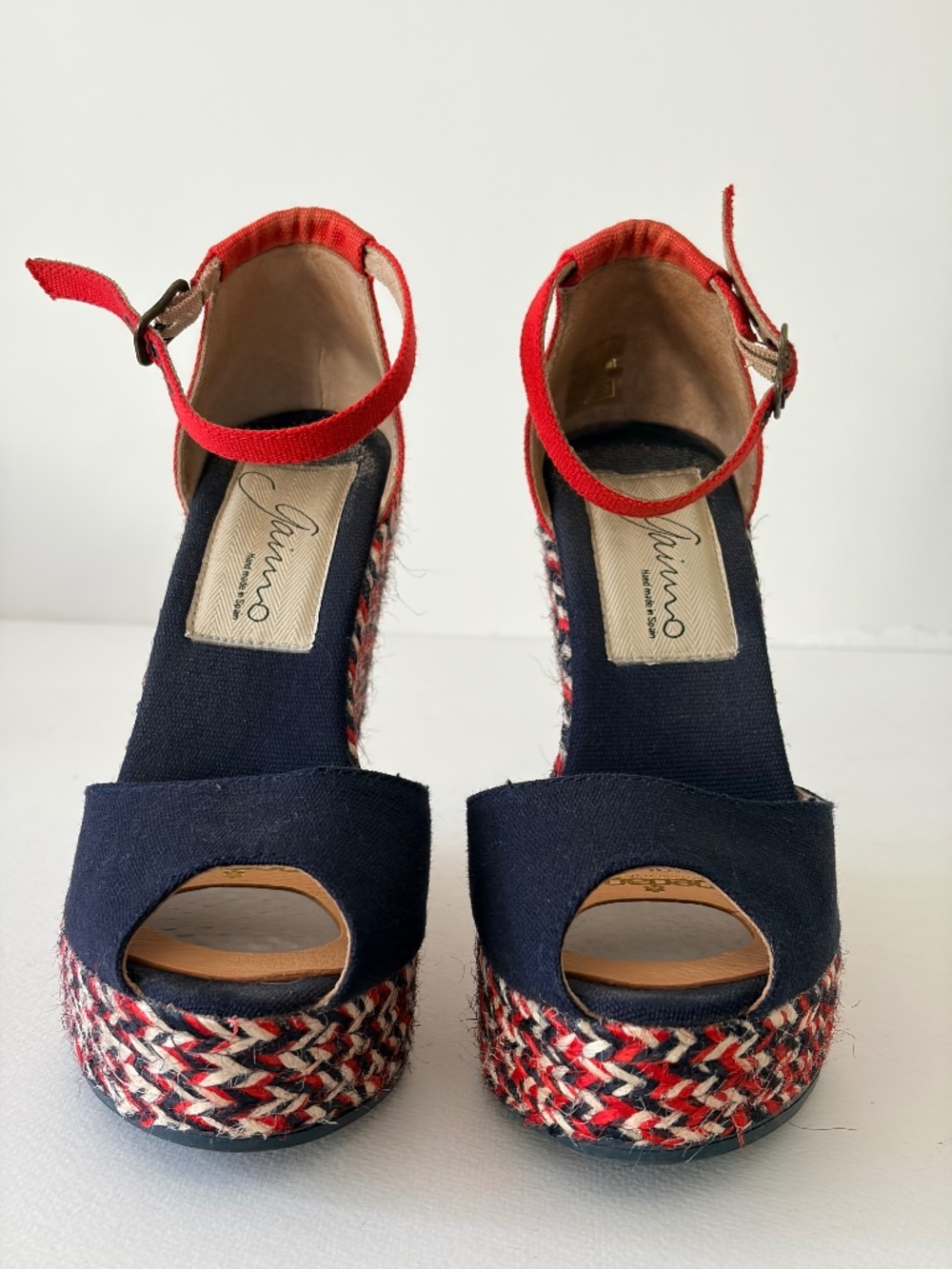 Gaimo Red Blue Canvas Espadrille Wedges 4” Braided Platform Made Spain